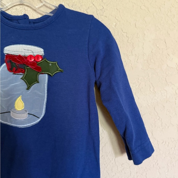 Ricrac & Ruffles Blue Christmas Holiday Baby Romper with Ruffle Trim - Picture 4 of 10